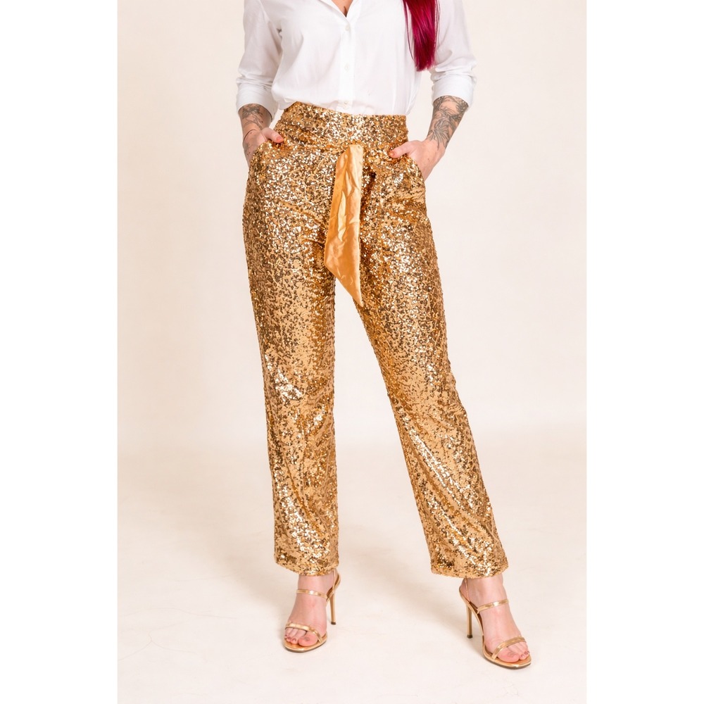 NWT Fringe & co Sequin Trousers M Gold Excellent High Waist Sash Tie Disco